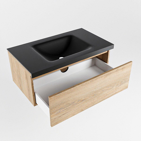 Mondiaz BUKLA Badkamermeubelset - 80x45x34cm - 0 kraangaten - wasbak midden - solid surface - Urban - greeploos - 1 lade - Melamine - Washed Oak SW704790