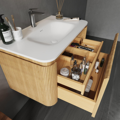 Royal Plaza Terra Edge Ensemble meuble de salle de bains - 80x44.7x46cm - vasque en solid surface blanc mat - 1 vasque - sans trou de robinet - 2 tiroirs - sandwood (chêne clair) SW1471910