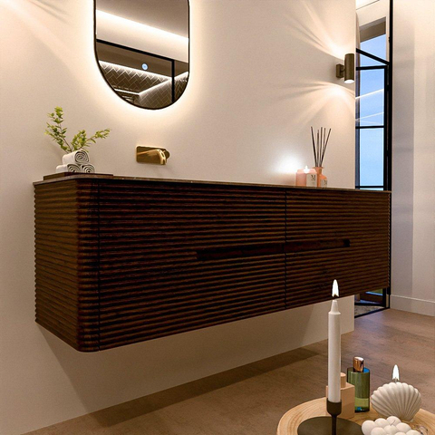 Mondiaz CIRO-DLUX Meuble de salle de bains - 170x45x50cm - Plan vasque Solid surface Oza - 1 lavabo à gauche - sans trous de robinet - 4 tiroirs - Noyer SW1530632