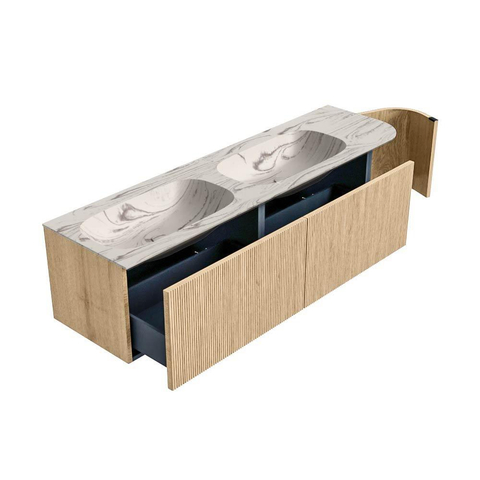 MONDIAZ KURVE-DLUX 165cm badmeubel ronding Rechts kleur Oak met 2 lades en 1 deur. Wastafel STOR SMALL Dubbel / Links zonder kraangat Nata. SW1432124