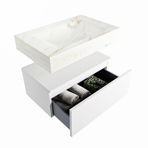 Mondiaz ALAN-DLUX Ensemble de meuble - 70cm - meuble Talc mat - 1 tiroir - Lavabo Cloud Frappe suspendu - vasque Centre - 0 trous de robinet SW804770