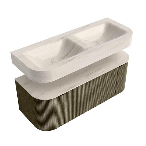 MONDIAZ THOR-DLUX Meuble de salle de bains 120cm arrondi gauche + droite couleur Shadow avec 1 tiroir et 2 portes. Vasque suspendue CLOUD Double 2 trous de robinet couleur Meli. SW1463351