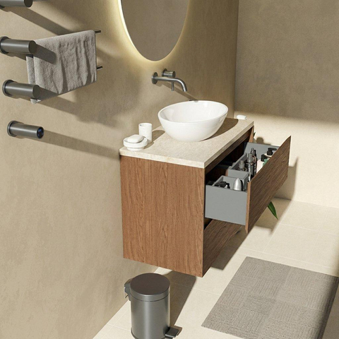 Saniclass Holz Pure Badkamermeubelset - 80x45x63cm - Travertine natuurstenen topblad - zonder kraangat - 2 lades - mat walnut pure (hout) SW1478845