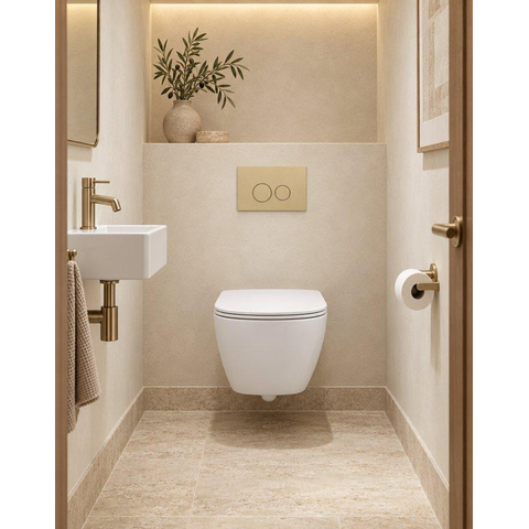 QeramiQ Dely Swirl Compact Toiletset - inbouwreservoir QeramiQ flush - slim zitting - kunststof bedieningsplaat beige - ronde knoppen - glans wit SW1590508
