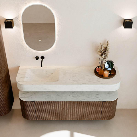 MONDIAZ THOR-DLUX 150cm badmeubel ronding links + rechts kleur Walnut met 1 lade en 2 deuren. Vrijhangende wastafel CLOUD Links zonder kraangat kleur Opalo. SW1464648