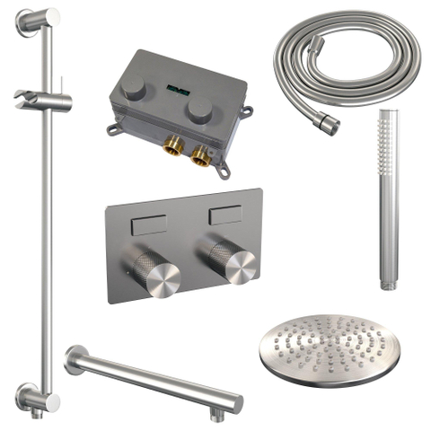 BRAUER Brushed Carving Douche de pluie thermostatique encastrée - boutons-poussoirs - SET 61 - pomme de douche 20cm - bras mural droit - douchette barre - flexible de douche - barre de douche intégrée - inox brossé PVD SW925455