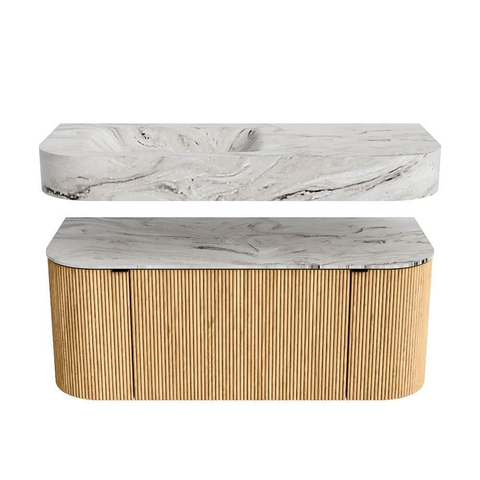 MONDIAZ THOR-DLUX 110cm badmeubel ronding links + rechts kleur Oak met 1 lade en 2 deuren. Vrijhangende wastafel CLOUD Links zonder kraangat kleur Glace. SW1462726