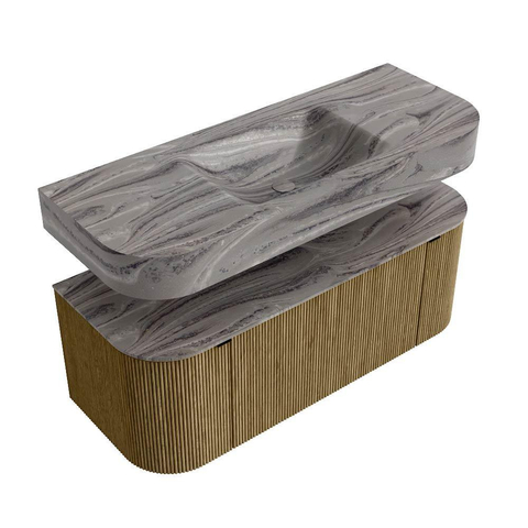 MONDIAZ THOR-DLUX 120cm meuble de salle de bains arrondi gauche + droite couleur Dusk avec 1 tiroir et 2 portes. Vasque suspendue CLOUD Milieu sans trou de robinet couleur Sombra. SW1463682