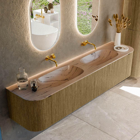 MONDIAZ KURVE-DLUX Meuble de salle de bains 200cm arrondi Gauche + Droite couleur Dusk avec 2 tiroirs et 2 portes. Lavabo STOR SMALL Double sans trou de robinet Arena. SW1431409
