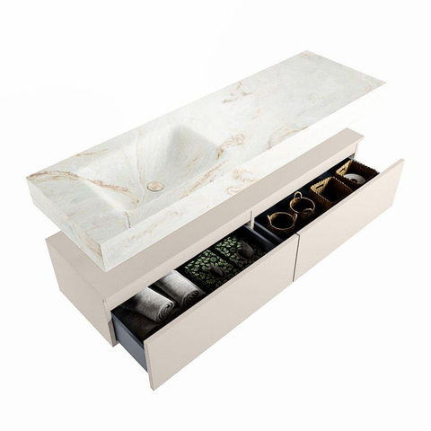 Mondiaz ALAN-DLUX Ensemble de meuble - 150cm - meuble Linen mat - 2 tiroirs - Lavabo Cloud Frappe suspendu - vasque Gauche - 1 trou de robinet SW805063