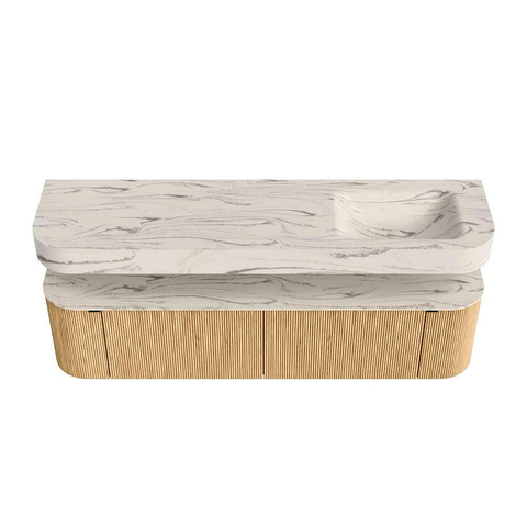 MONDIAZ THOR-DLUX 180cm meuble de salle de bains arrondi gauche + droite couleur Oak avec 2 tiroirs et 2 portes. Vasque suspendue CLOUD Droite sans trou de robinet couleur Nata. SW1466208
