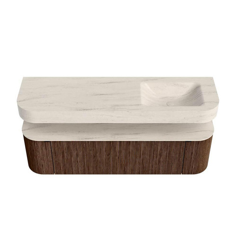MONDIAZ THOR-DLUX 160cm badmeubel ronding links + rechts kleur Walnut met 1 lade en 2 deuren. Vrijhangende wastafel CLOUD Rechts 1 kraangat kleur Meli. SW1465081