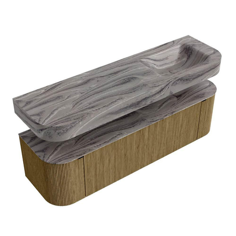 MONDIAZ THOR-DLUX 160cm meuble de salle de bains arrondi gauche + droite couleur Dusk avec 1 tiroir et 2 portes. Vasque suspendue CLOUD Droite sans trou de robinet couleur Sombra. SW1465390
