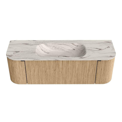 MONDIAZ KURVE-DLUX 140cm badmeubel ronding Links + Rechts kleur Oak met 1 lade en 2 deuren. Wastafel BIG SMALL Midden 1 kraangat Nata. SW1432093