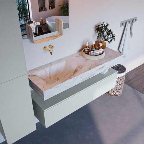 Mondiaz ALAN-DLUX Ensemble de meuble - 130cm - meuble Clay mat - 1 tiroir - Lavabo Cloud Frappe suspendu - vasque Gauche - 0 trous de robinet SW805220