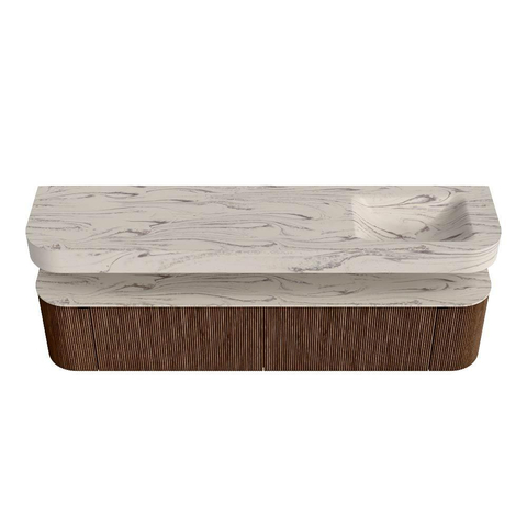 MONDIAZ THOR-DLUX 200cm meuble de salle de bains arrondi gauche + droite couleur Walnut avec 2 tiroirs et 2 portes. Vasque suspendue CLOUD droite sans trou de robinet couleur Nata. SW1467156