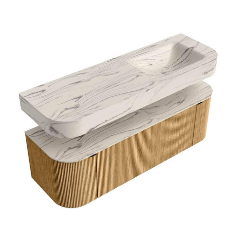 MONDIAZ THOR-DLUX 140cm badmeubel ronding links + rechts kleur Oak met 1 lade en 2 deuren. Vrijhangende wastafel CLOUD Rechts 1 kraangat kleur Nata. SW1464421