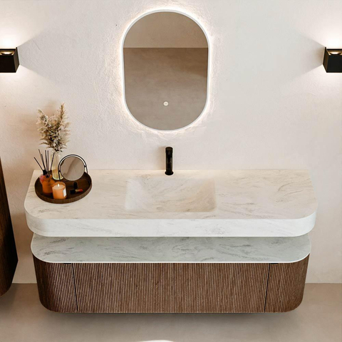MONDIAZ THOR-DLUX 160cm meuble de salle de bains arrondi gauche + droite couleur Walnut avec 1 tiroir et 2 portes. Vasque suspendue CLOUD Milieu 1 trou de robinet couleur Opalo. SW1465020