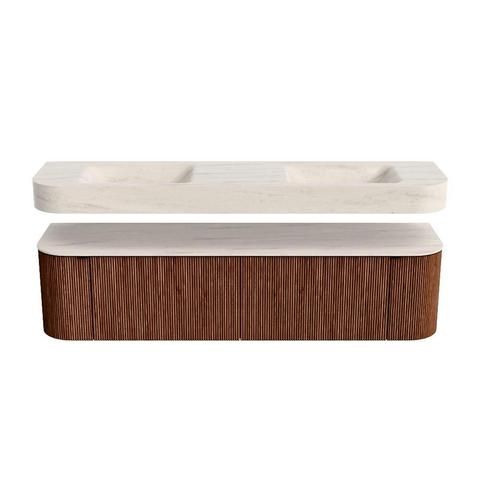 MONDIAZ THOR-DLUX 180cm meuble de salle de bains arrondi gauche + droite couleur Ruby avec 2 tiroirs et 2 portes. Vasque suspendue CLOUD Double sans trou de robinet couleur Meli. SW1466177