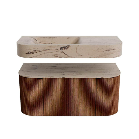MONDIAZ THOR-DLUX 100cm meuble de salle de bains arrondi gauche + droite couleur Ruby avec 1 tiroir et 2 portes. Vasque suspendue CLOUD Gauche 1 trou de robinet couleur Arena. SW1467460