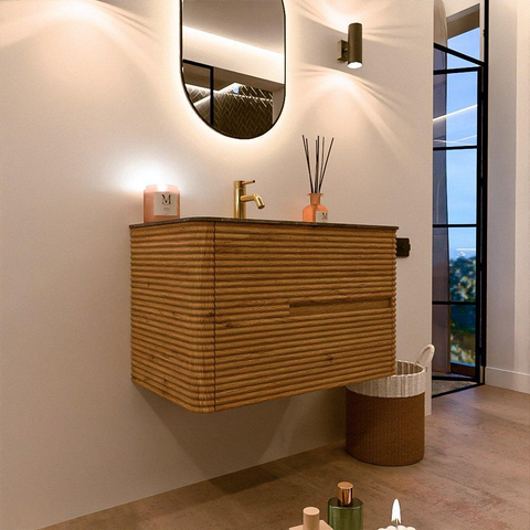 Mondiaz CIRO-DLUX Badkamermeubelset - 80x45x50cm - Solid surface wastafel Oza - 1 wasbak Midden - 1 kraangat - 2 lades - Oak SW1531098
