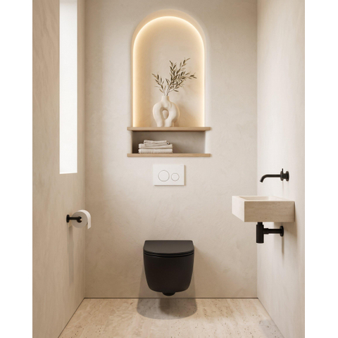 QeramiQ Dely Swirl Ensemble WC - 36.3x51.7cm - réservoir encastré Geberit UP320 - avec cadre Burda - abattant 35mm - plaque de commande blanc brillant - boutons ronds - noir mat SW1138620