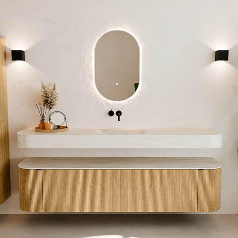 MONDIAZ THOR-DLUX 190cm meuble de salle de bains arrondi gauche + droite couleur Oak avec 2 tiroirs et 2 portes. Vasque suspendue CLOUD Milieu sans trou de robinet couleur Meli. SW1466630
