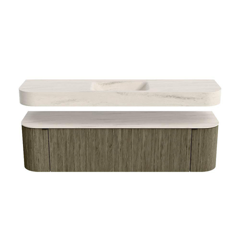 MONDIAZ THOR-DLUX 170cm badmeubel ronding links + rechts kleur Shadow met 1 lade en 2 deuren. Vrijhangende wastafel CLOUD Midden zonder kraangat kleur Meli. SW1465789
