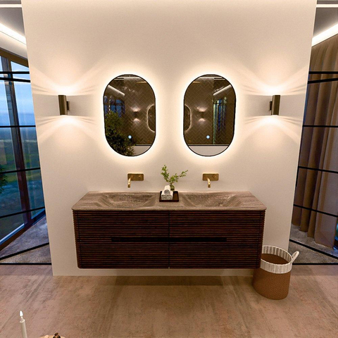 Mondiaz CIRO-DLUX Meuble de salle de bains - 150x45x50cm - plan-vasque Solid Surface Oza - 2 bacs Double - sans trous de robinetterie - 4 tiroirs - Noyer SW1530662
