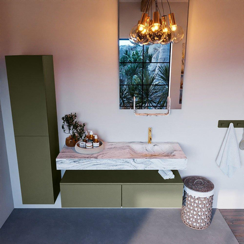 Mondiaz ALAN-DLUX Ensemble de meuble - 130cm - meuble Army mat - 2 tiroirs - Lavabo Cloud Glace suspendu - vasque Droite - 1 trou de robinet SW805818