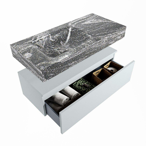 Mondiaz ALAN-DLUX Ensemble de meuble - 100cm - meuble Clay mat - 1 tiroir - Lavabo Cloud Lava suspendu - vasque Gauche - 1 trou de robinet SW808721