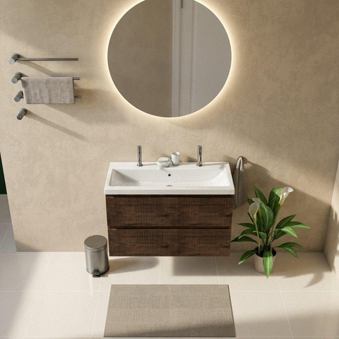 Saniclass Holz Atelier Ensemble meuble de salle de bains - 100x45x63.5cm - Lavabo en céramique Bari blanc - 1 vasque - 2 trous de robinetterie - 2 tiroirs - chêne charcoal mat (bois) SW1478762