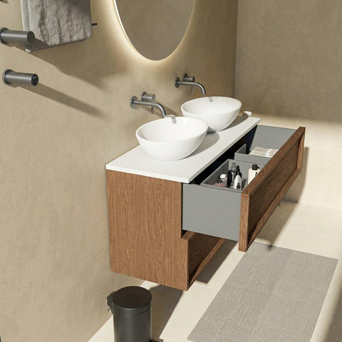 Saniclass Holz Frame Badkamermeubelset - 120x45x62.5cm - Torino solid surface topblad wit - zonder kraangat - 2 lades - mat walnut pure (hout) SW1579990