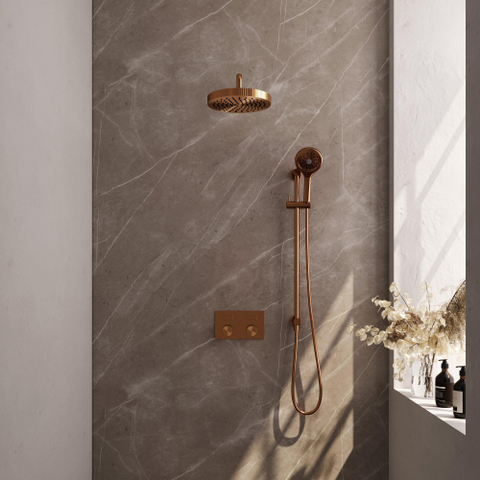 BRAUER Stripe Thermostatische Inbouw Regendouche - drukknoppen - SET 35 - 25cm douchekop - gebogen muurarm - 3-standen handdouche - doucheslang - geïntegreerde glijstang - koper geborsteld PVD SW1435250