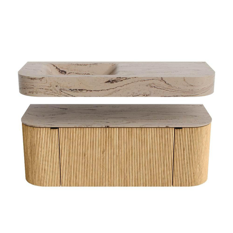 MONDIAZ THOR-DLUX Meuble de salle de bains 120cm arrondi gauche + droite couleur Oak avec 1 tiroir et 2 portes. Vasque suspendue CLOUD Gauche 1 trou de robinet couleur Arena. SW1463400