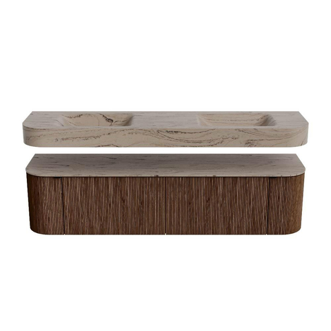 MONDIAZ THOR-DLUX 180cm badmeubel ronding links + rechts kleur Walnut met 2 lades en 2 deuren. Vrijhangende wastafel CLOUD Dubbel 2 kraangaten kleur Arena. SW1466124