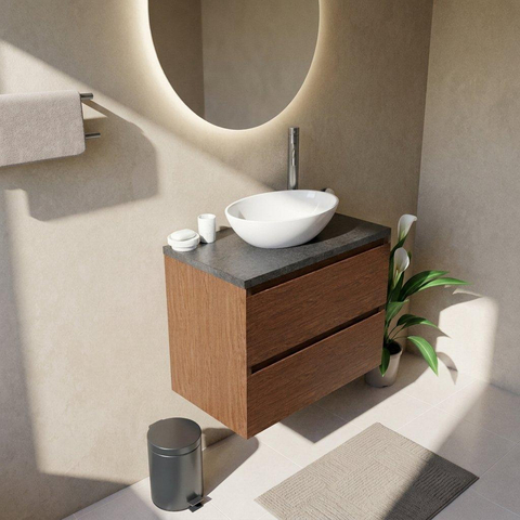 Saniclass Holz Pure Ensemble meuble de salle de bains - 80x45x63cm - Plan de toilette en basalte Noche poli (noir) - 1 trou de robinetterie - 2 tiroirs - walnut pure mat (bois) SW1478550