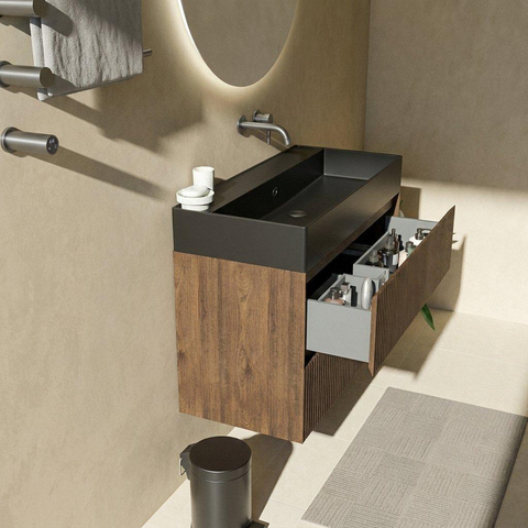 Saniclass Holz Atelier Badkamermeubelset - 100x45x72cm - Legend keramische wastafel mat zwart - 1 wasbak - zonder kraangat - 2 lades - mat eiken charcoal (hout) SW1579628