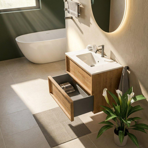 Saniclass Holz Frame Ensemble meuble de salle de bains - 80x45x62cm - Lavabo Vygo en céramique blanc - 1 vasque - 1 trou de robinetterie - 2 tiroirs - chêne natural mat (bois) SW1580048