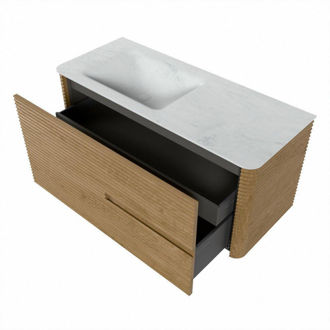 Mondiaz CIRO-DLUX Badkamermeubelset - 110x45x50cm - Solid surface wastafel Opalo - 1 wasbak Links - zonder kraangaten - 2 lades - Oak SW1530993