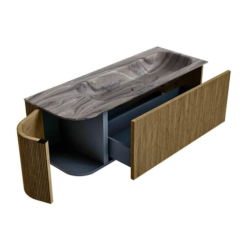 MONDIAZ KURVE-DLUX 125cm badmeubel ronding Links kleur Dusk met 1 lade en 1 deur. Wastafel BIG MEDIUM Rechts 1 kraangat Sombra. SW1433860
