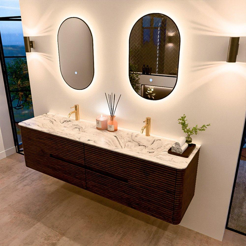 Mondiaz CIRO-DLUX Badkamermeubelset - 180x45x50cm - Solid surface wastafel Glace - 2 wasbak Dubbel - 2 kraangaten - 4 lades - Walnut SW1530310