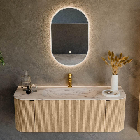 MONDIAZ KURVE-DLUX 130cm badmeubel ronding Links + Rechts kleur Oak met 1 lade en 2 deuren. Wastafel BIG SMALL Midden 1 kraangat Nata. SW1432087