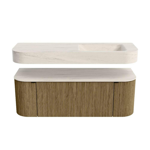 MONDIAZ THOR-DLUX 130cm meuble de salle de bains arrondi gauche + droite couleur Dusk avec 1 tiroir et 2 portes. Vasque suspendue CLOUD Droite sans trou de robinet couleur Meli. SW1463798