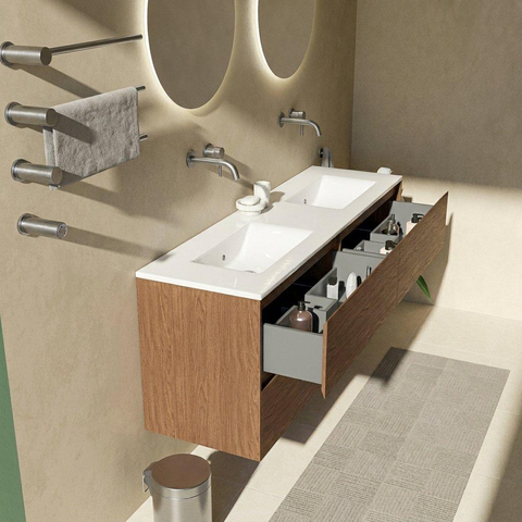 Saniclass Holz Pure Badkamermeubelset - 160x45x62cm - Vygo keramische wastafel wit - 2 wasbakken - zonder kraangaten - 4 lades - mat walnut pure (hout) SW1478932