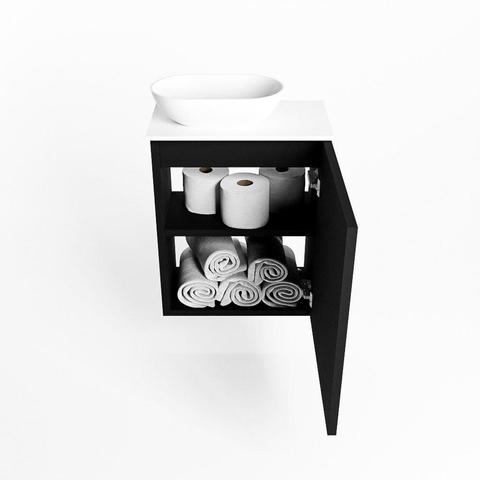 Mondiaz Fowy Meuble de toilette - 40x50x23cm - urban mat - 1 trou de robinet - lavabo à gauche - 1 porte - solid surface - plan MDF - lavabo : Blanc / Noir SW760831