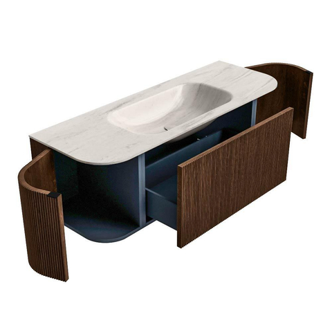 MONDIAZ KURVE-DLUX 130cm badmeubel ronding Links + Rechts kleur Walnut met 1 lade en 2 deuren. Wastafel BIG SMALL Midden zonder kraangat Meli. SW1431684