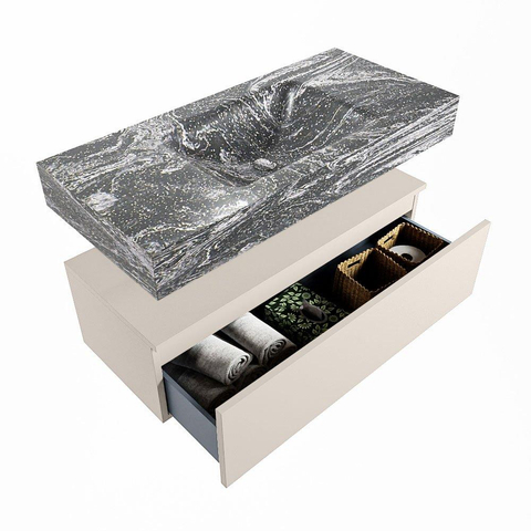 Mondiaz ALAN-DLUX Ensemble de meuble - 100cm - meuble Linen mat - 1 tiroir - Lavabo Cloud Lava suspendu - vasque Centre - 1 trou de robinet SW808258