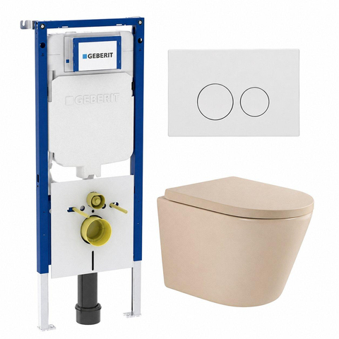 QeramiQ Dely Toiletset - 36.3x51.7cm - diepspoel - rimless - Geberit UP720 inbouwreservoir - softclose toilet zitting - 35mm - glans witte bedieningsplaat - ronde knoppen - mat beige SW1427088