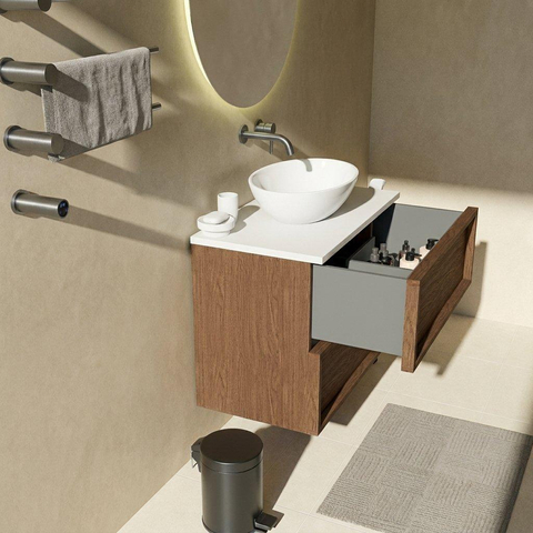Saniclass Holz Frame Badkamermeubelset - 80x45x62.5cm - Torino solid surface topblad wit - zonder kraangat - 2 lades - mat walnut pure (hout) SW1579986